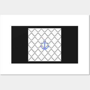 Abstract geometric pattern - black and white - blue anchor Posters and Art